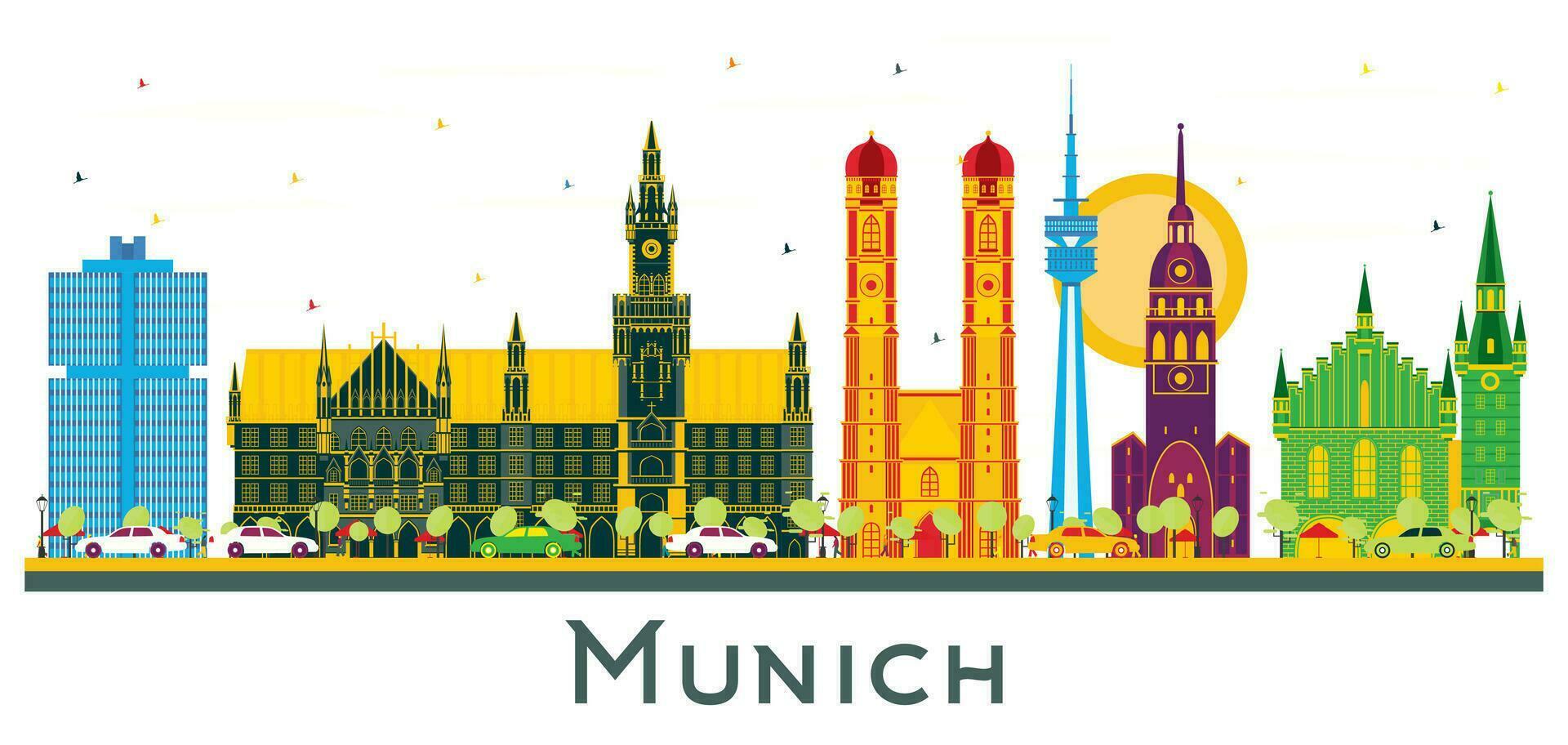 Munich Germany city Skyline with Color Buildings isolated on white. vector