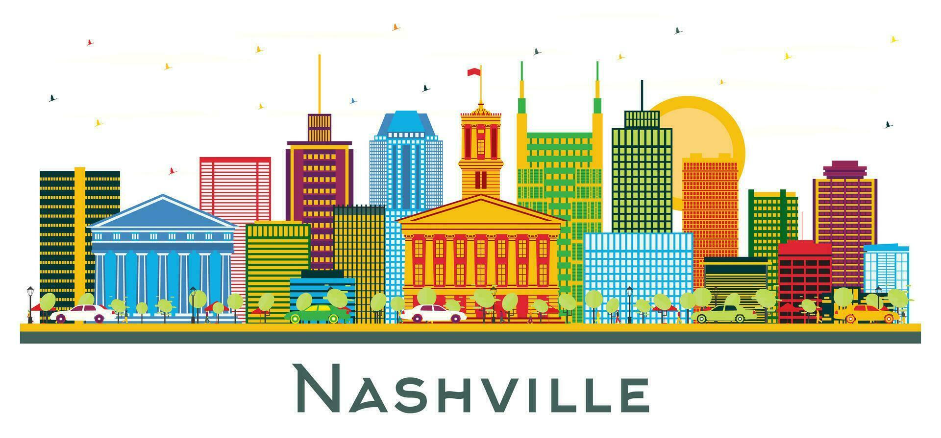 Nashville USA city Skyline with Color Buildings isolated on white. vector