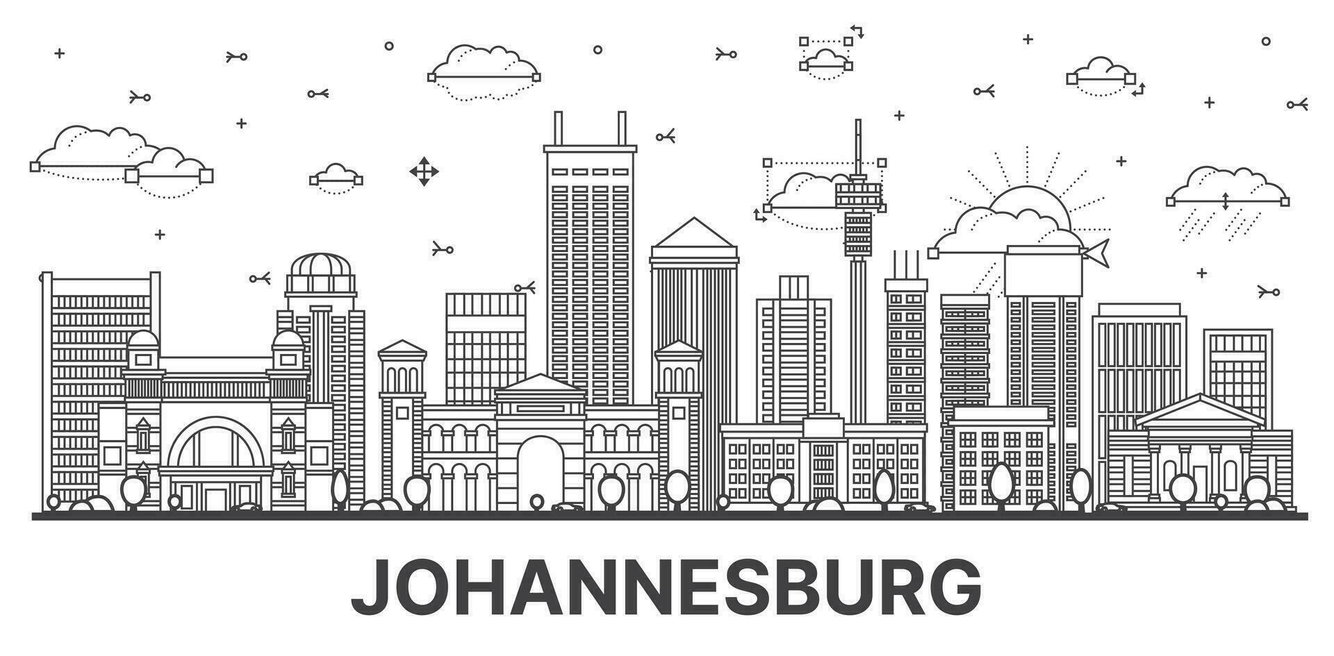 Outline Johannesburg South Africa City Skyline with Modern and Historic Buildings Isolated on White. vector