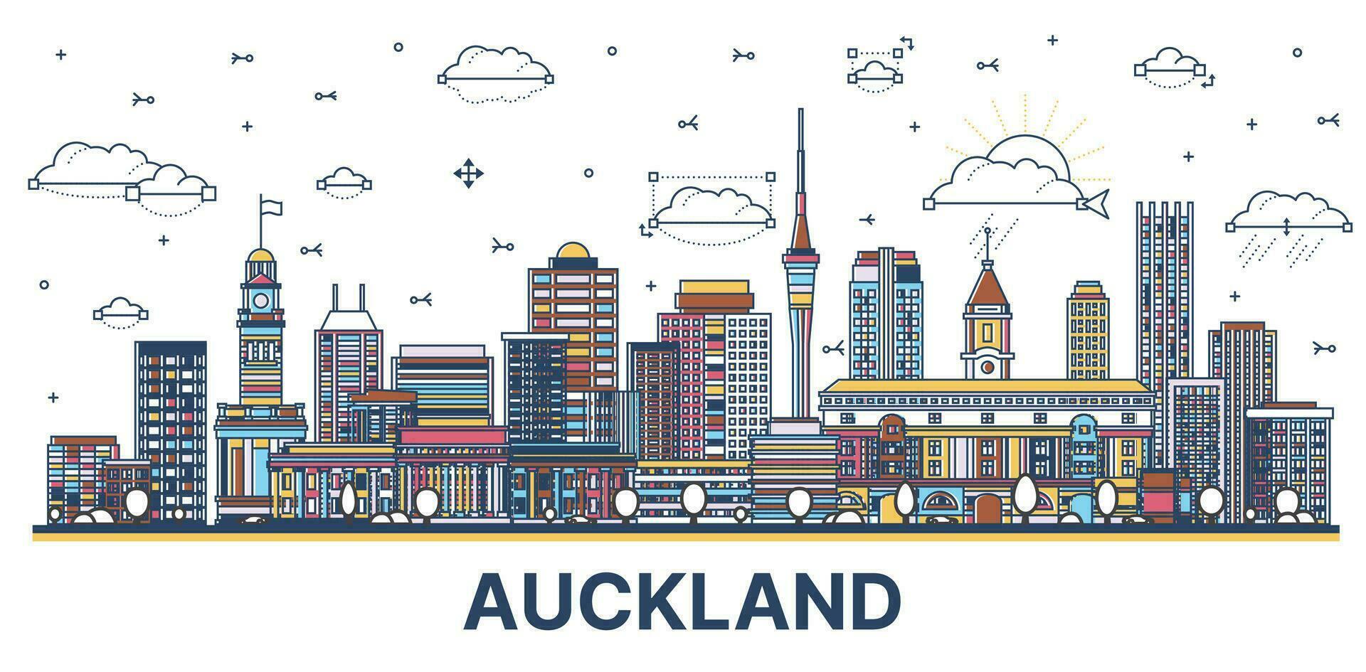 Outline Auckland New Zealand city skyline with colored modern and historic buildings isolated on white. vector