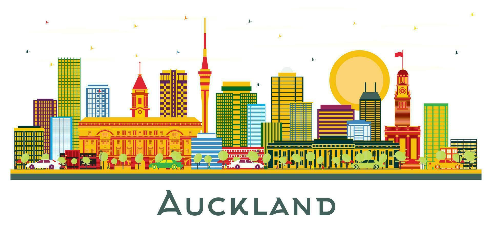 Auckland New Zealand city Skyline with Color Buildings isolated on white. Auckland cityscape with landmarks. vector