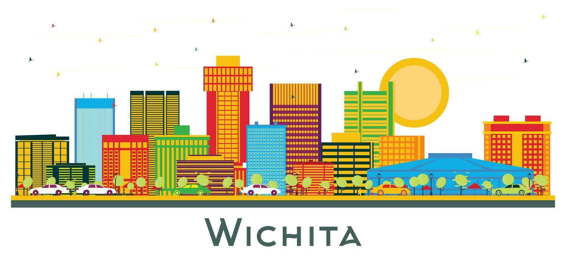 Wichita Kansas USA City Skyline with Color Buildings isolated on white. vector