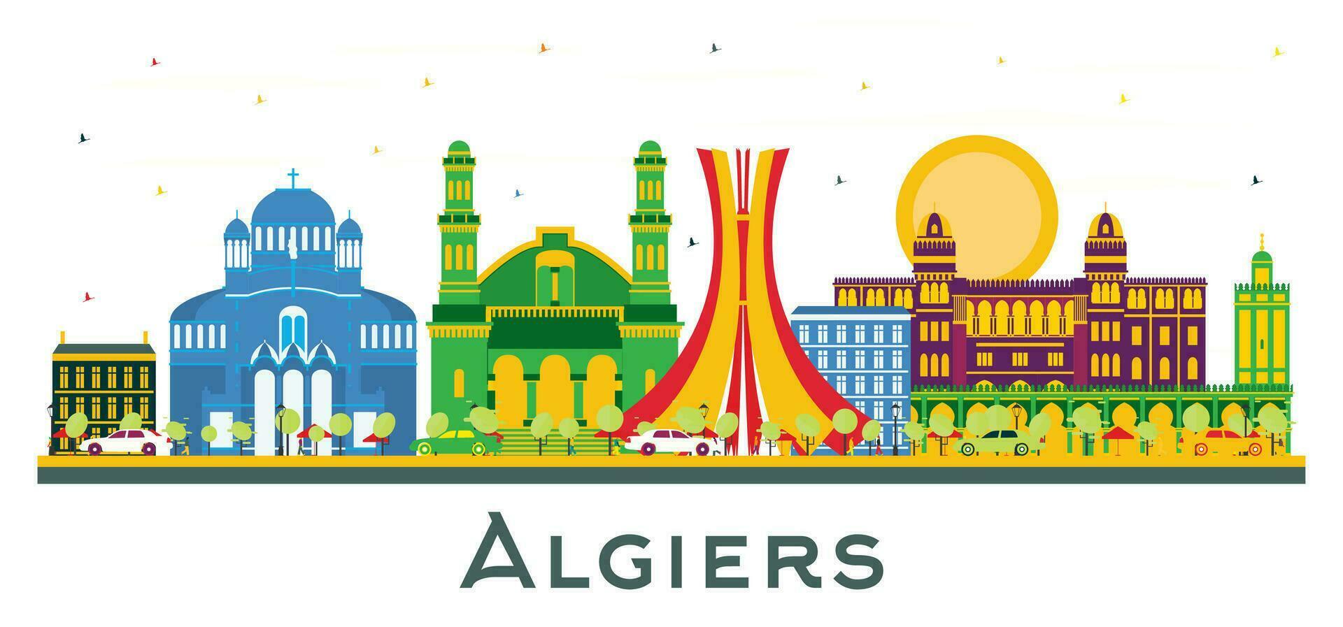 Algiers city Skyline with Color Buildings isolated on white. Algiers cityscape with landmarks. vector