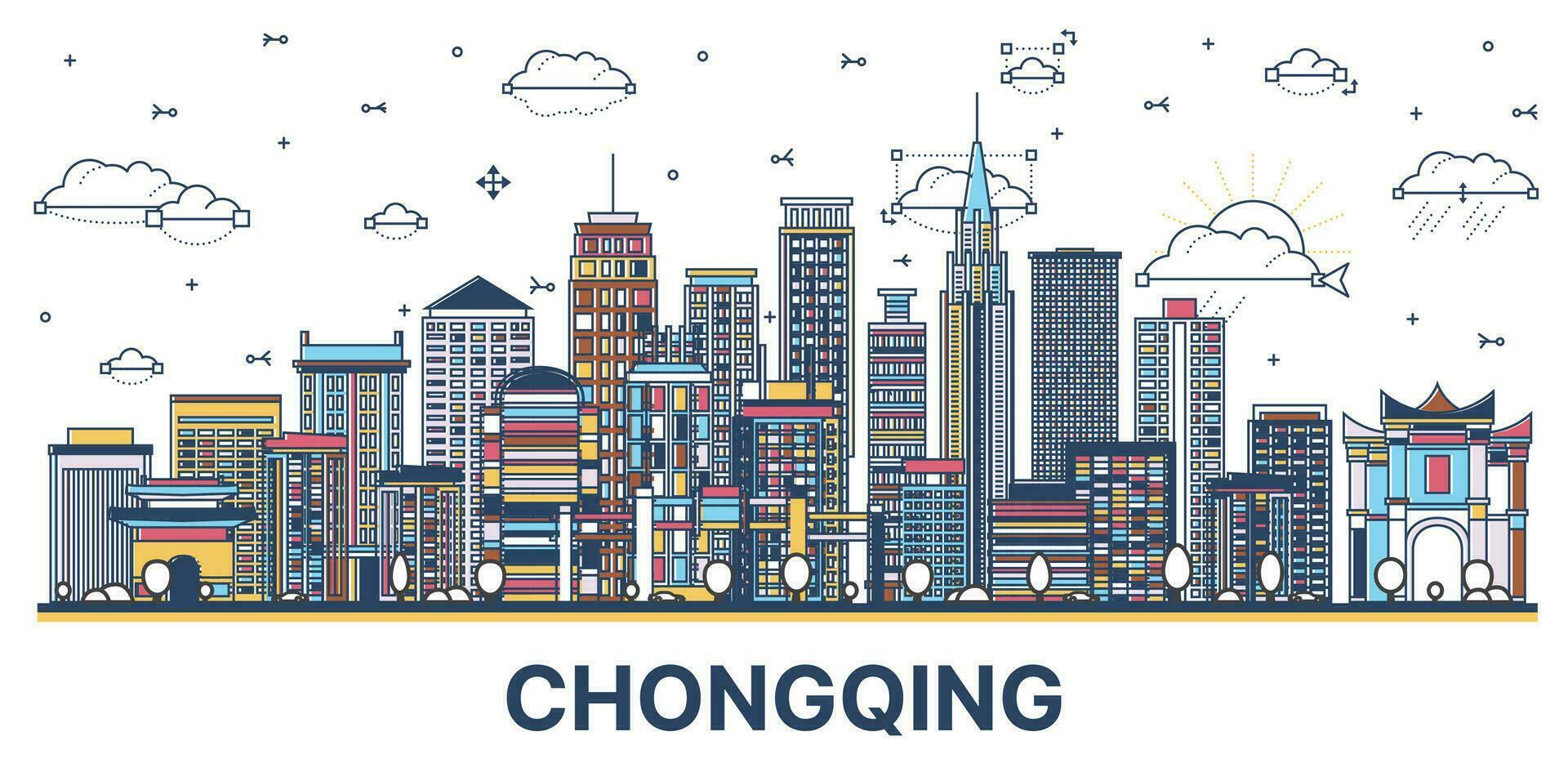 Outline Chongqing China City Skyline with Colored Modern and Historic Buildings Isolated on White. vector