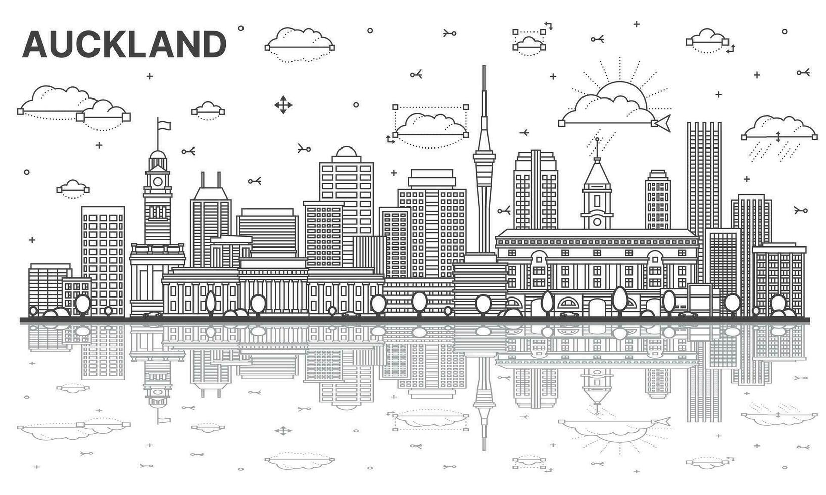 contorno auckland nuevo Zelanda ciudad horizonte con moderno edificios y reflexiones aislado en blanco. vector