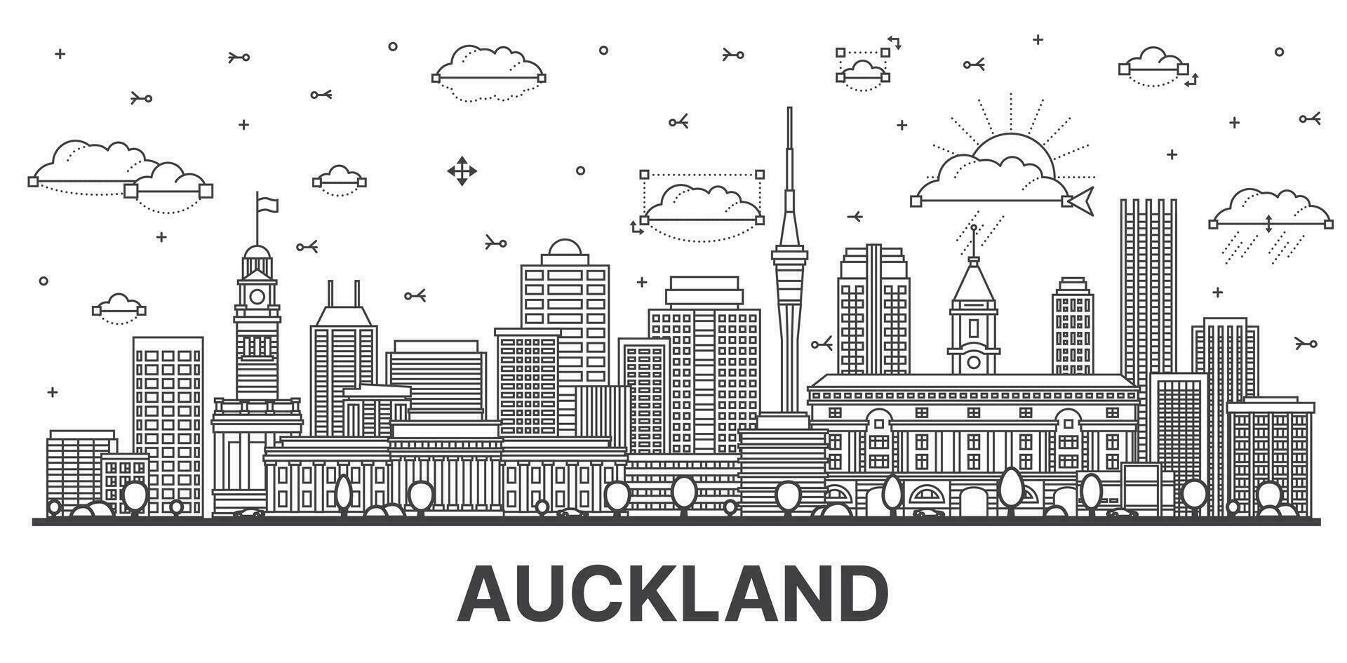 Outline Auckland New Zealand city skyline with modern and historic buildings isolated on white. vector