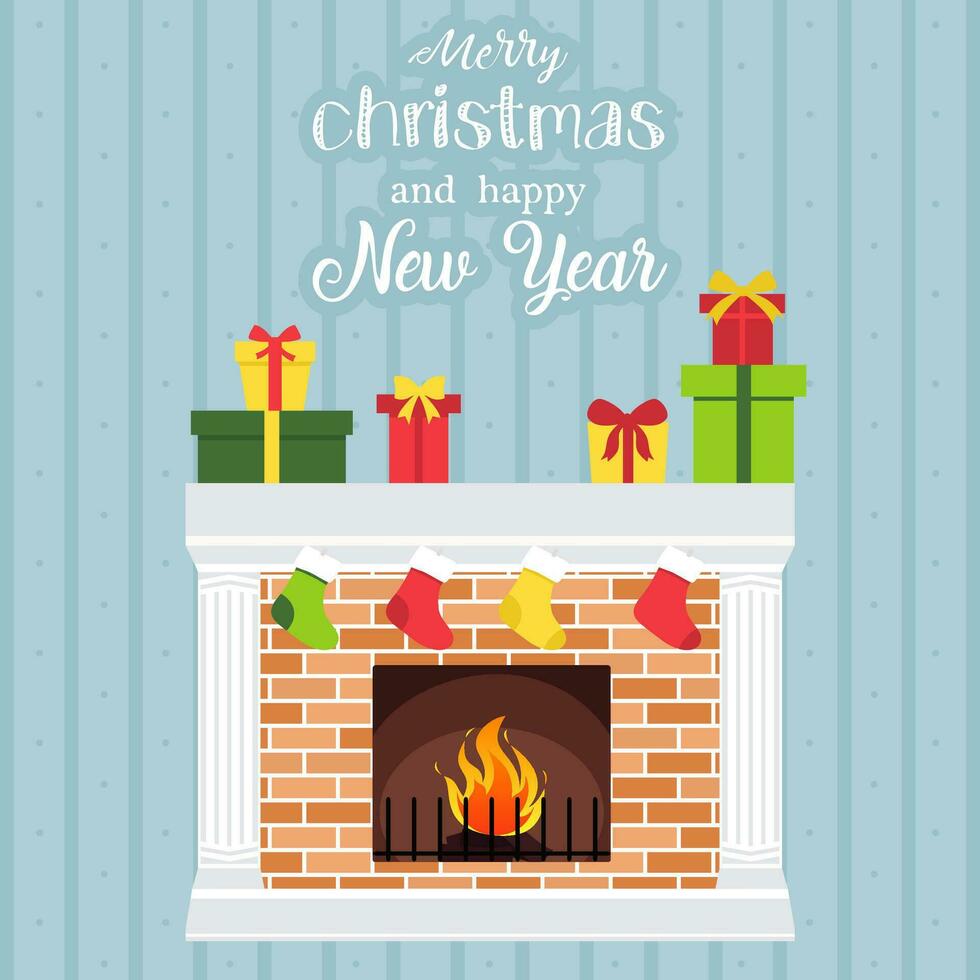 Vector illustration of a Christmas living room with fireplace, gifts, garland and fir-tree.