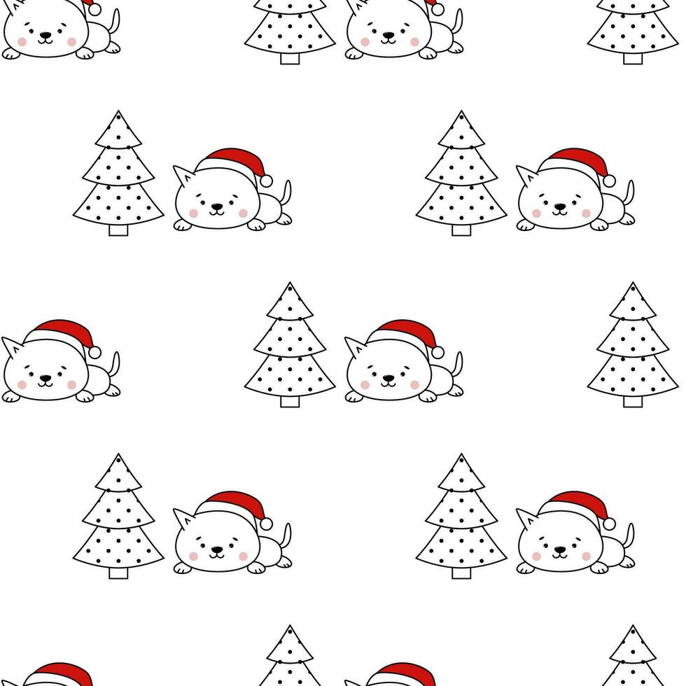 Cute little cat with a Christmas tree. Seamless pattern vector