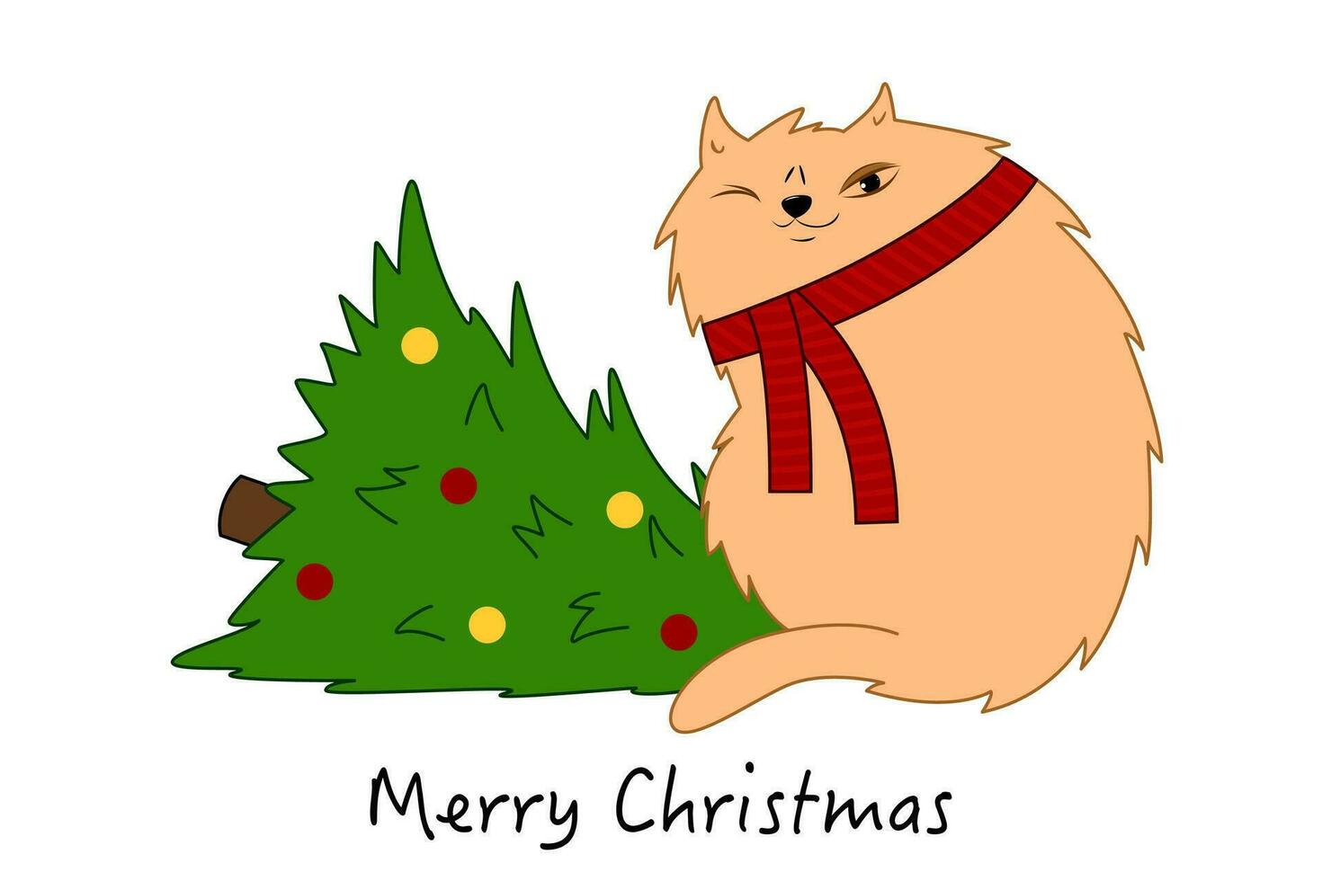 Christmas card, banner or poster template with christmas tree and funny cat vector