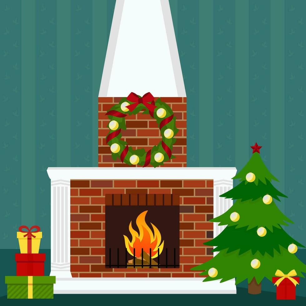 Vector illustration of a Christmas living room with fireplace, gifts, garland and fir-tree.