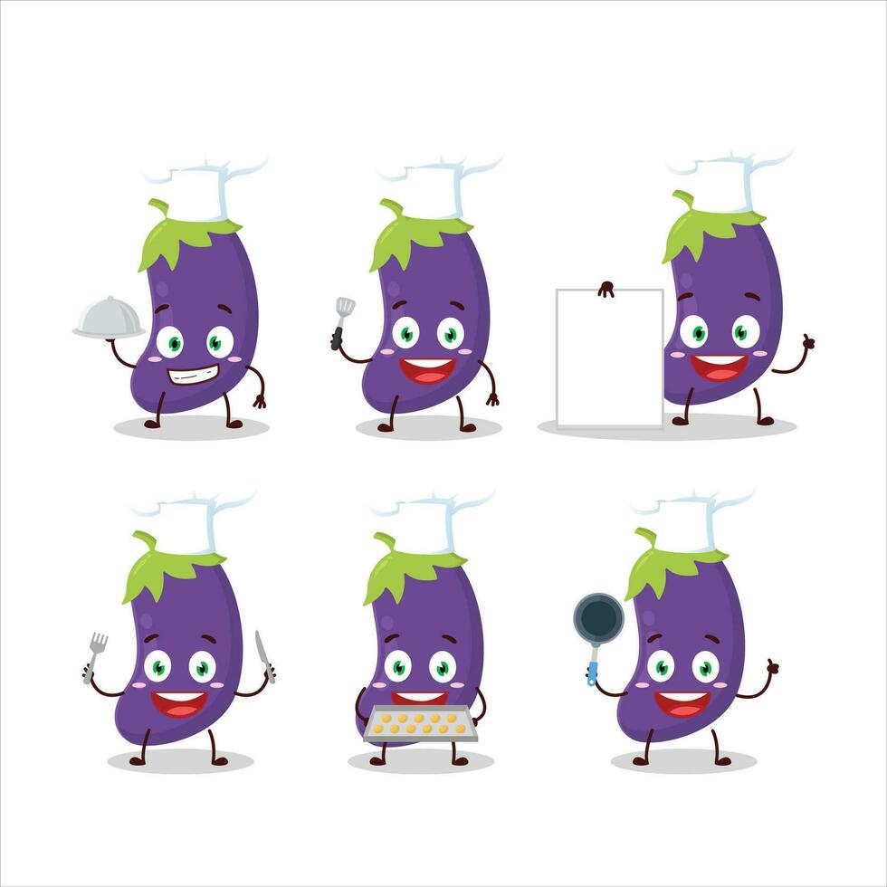 Cartoon character of eggplant with various chef emoticons vector