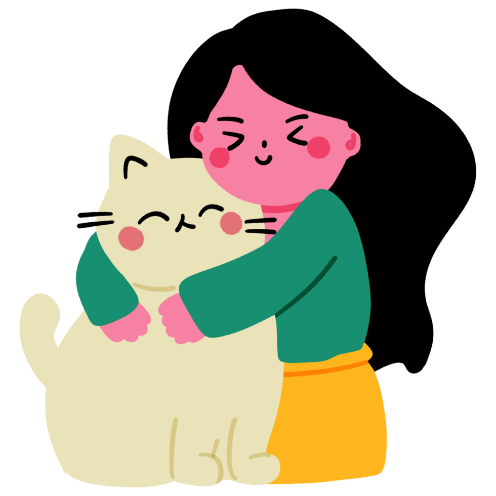 Illustration of woman hugging chubby cat png