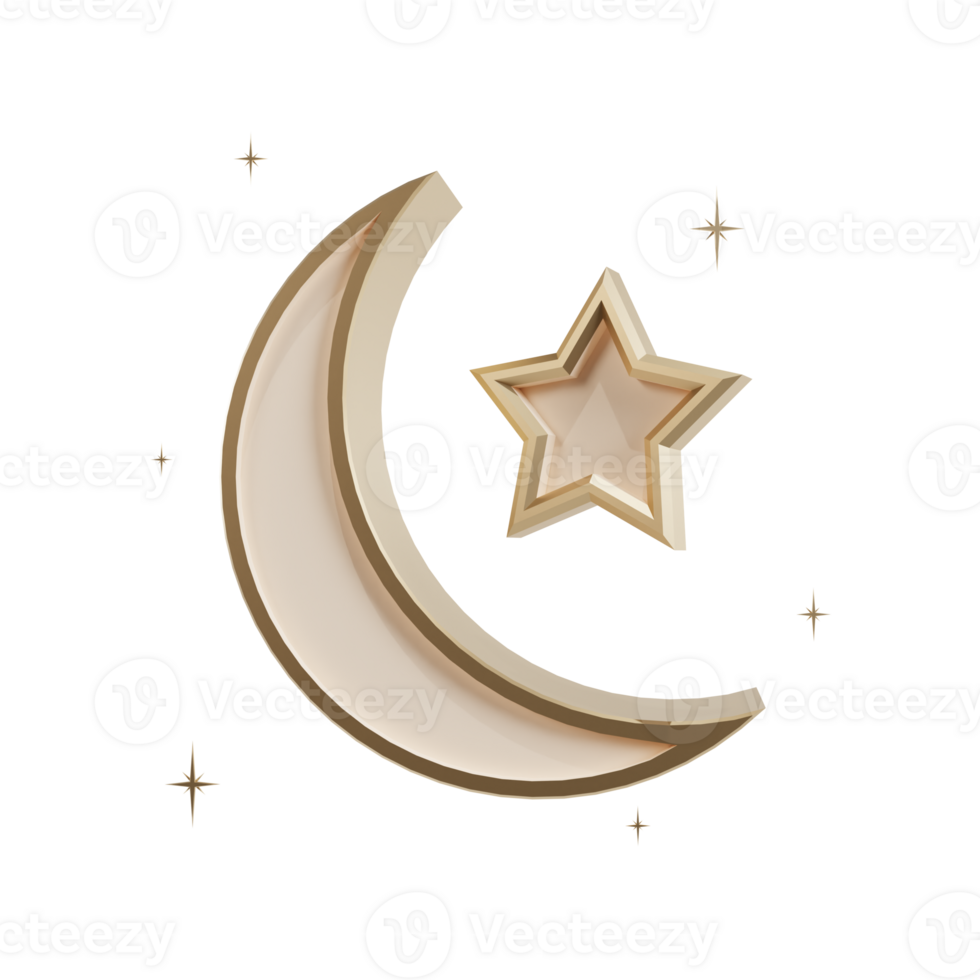 3d golden crescent moons with star. Decorative elements for Muslim holidays png
