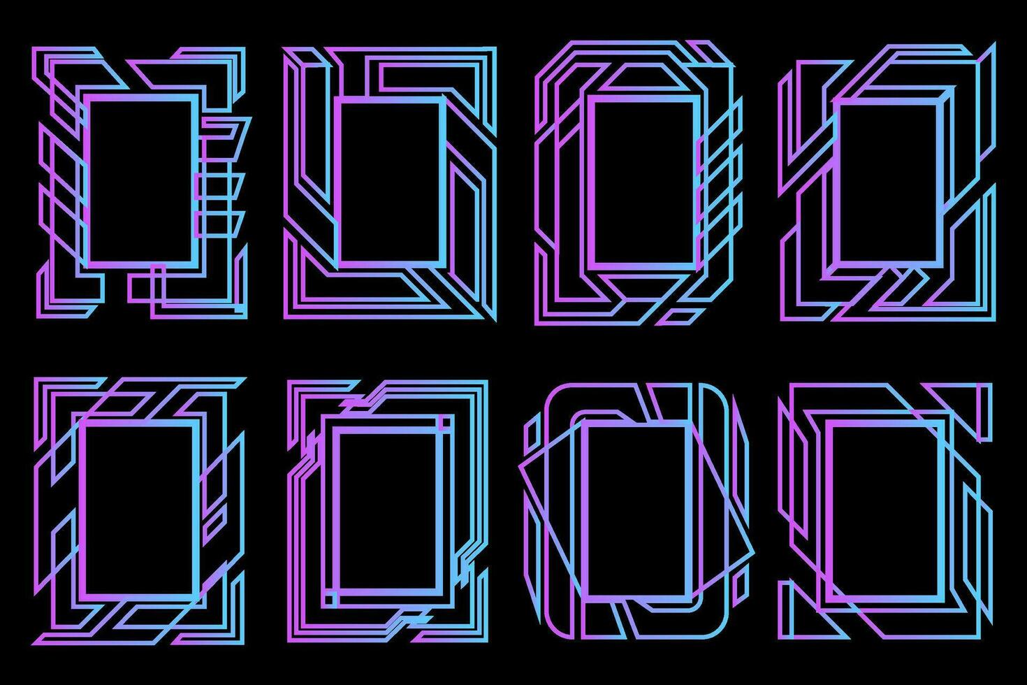 Abstract high tech frames. Rectangle technological neon frames set with blue and purple gradient. Sci fi cyberspace futuristic border panels. vector