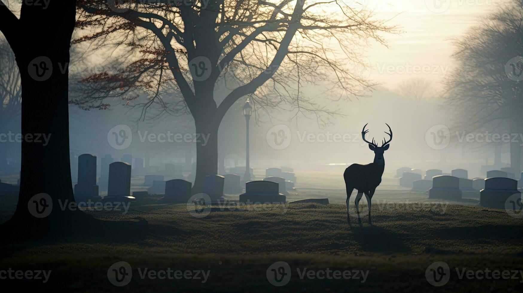 Foggy morning silhouette of a deer in cemetery photo