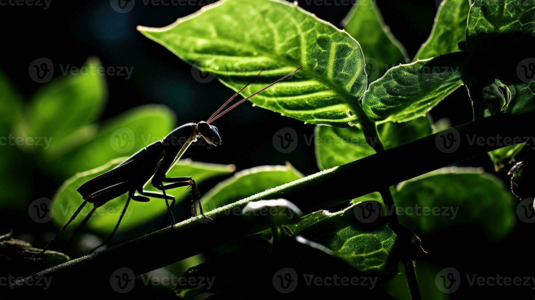 cerca arriba silueta de un mantis insecto en contra un verde hoja con contraluz foto