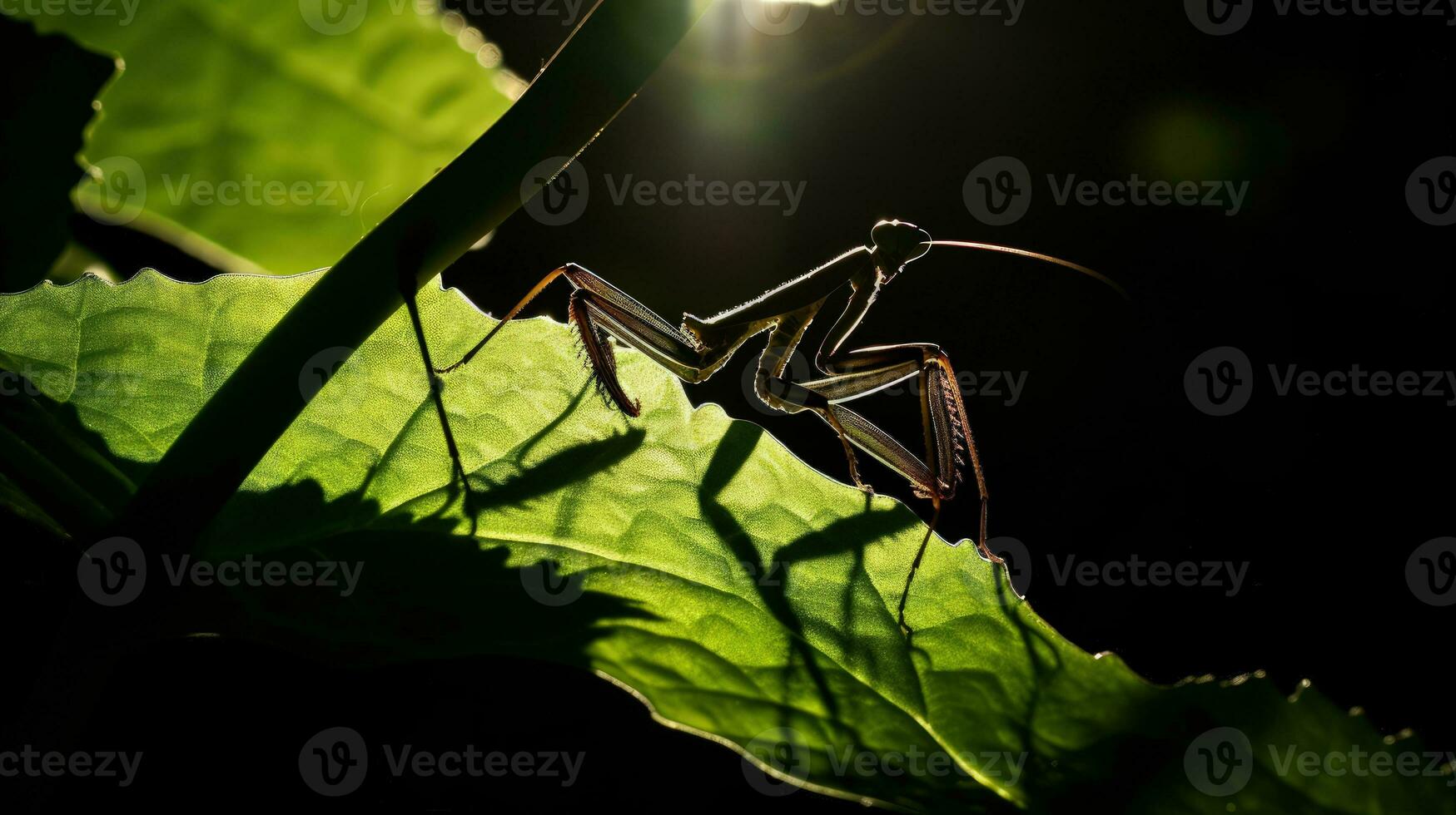 Close up silhouette of a mantis insect against a green leaf with backlighting photo