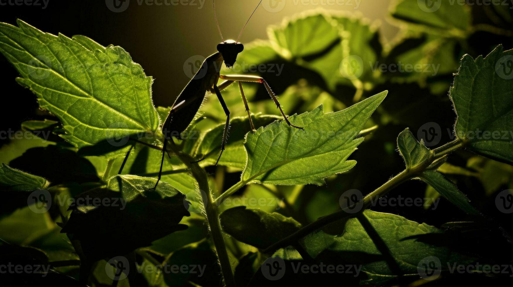 cerca arriba silueta de un mantis insecto en contra un verde hoja con contraluz foto