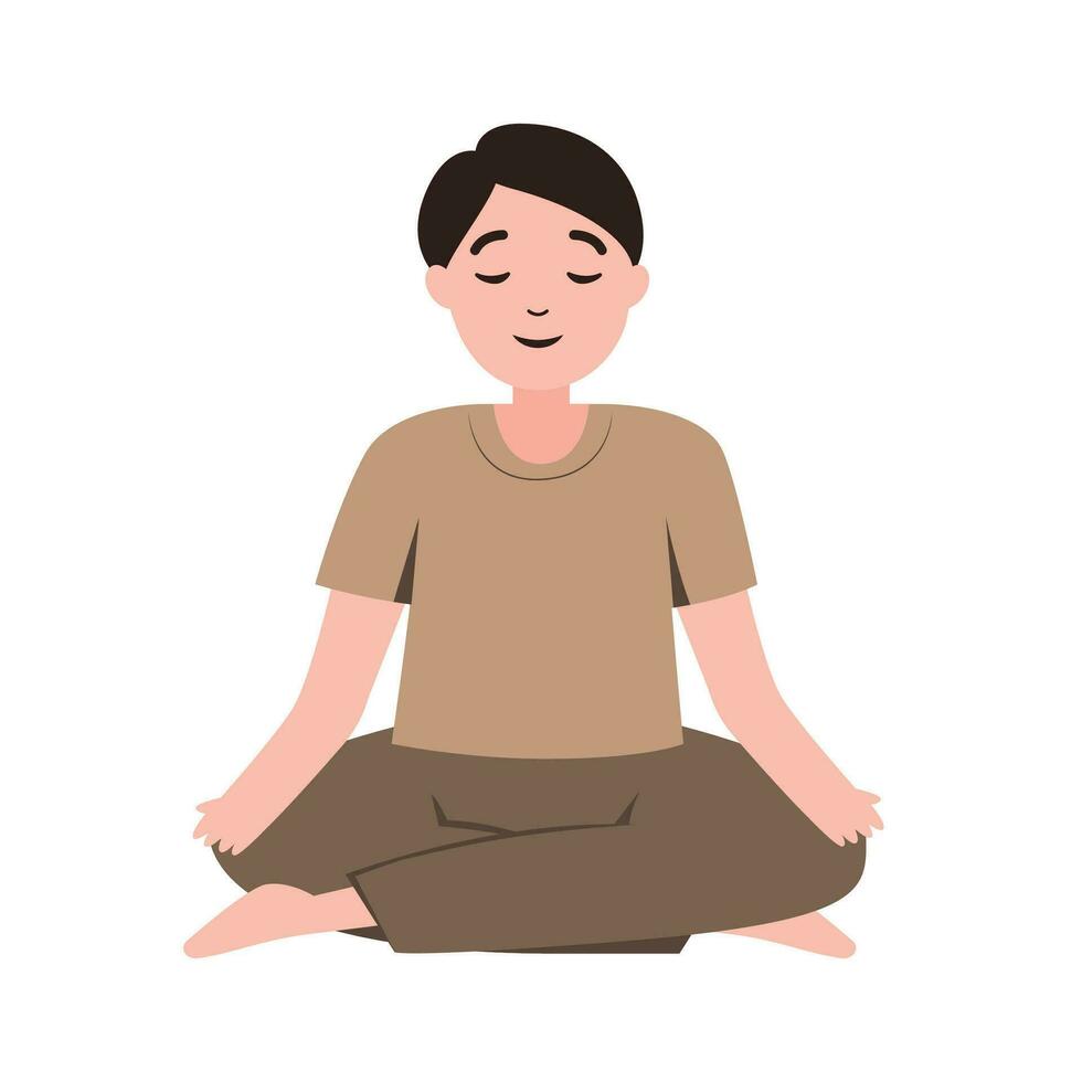 hombre o chico practicando meditación o haciendo yoga. atención plena y mental salud para ilustración vector