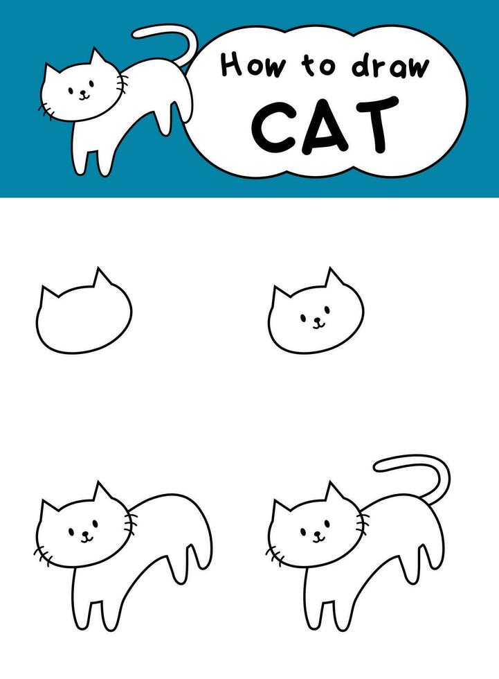 How to draw white cat step by step for education. Kids cartoon vector