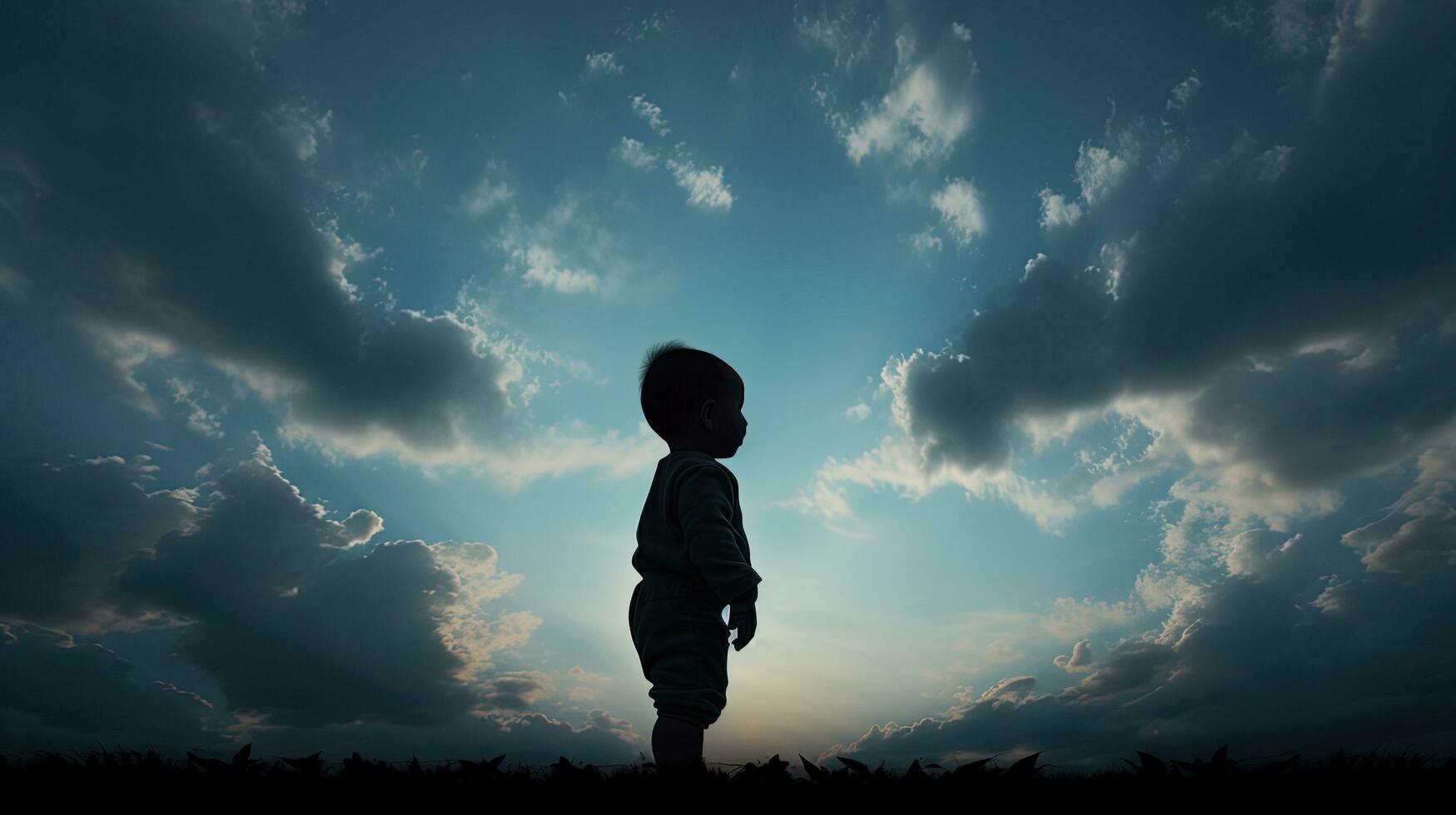 infantil sombra en contra cielo. silueta concepto foto