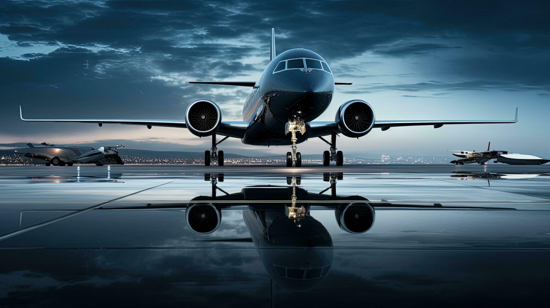 Luxury private jet parked on tarmac with ample space above. silhouette concept photo