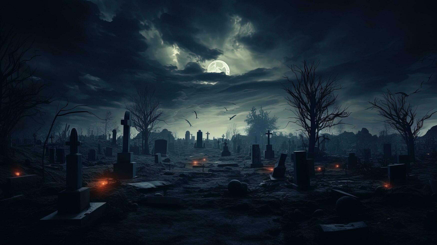 Creepy cemetery at night with haunted atmosphere evoking feelings of sadness death and horror. silhouette concept photo