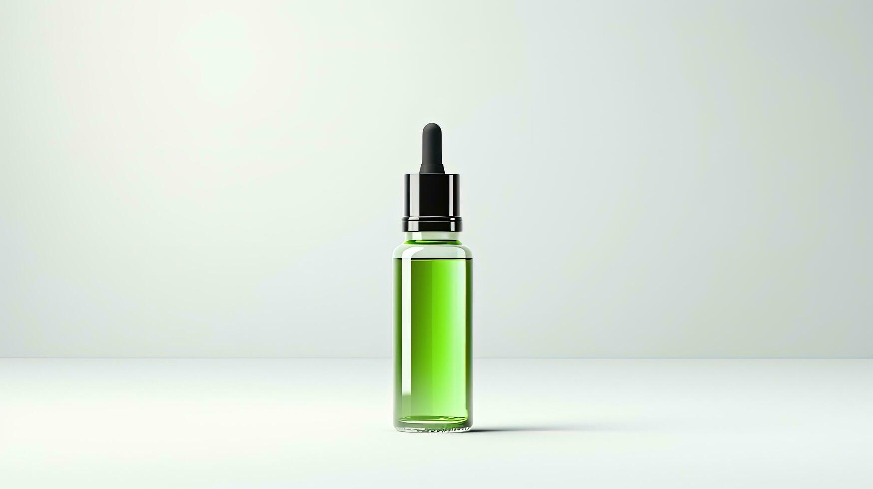 Green e liquid advertisement showing bottle on white background with space for text. silhouette concept photo