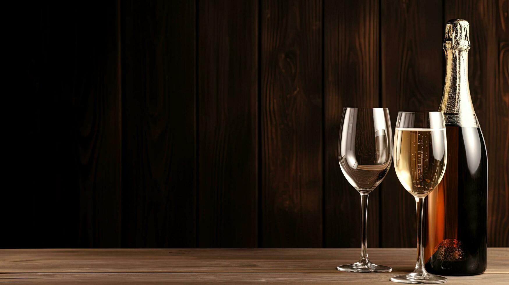 Holiday backgrounds with closed champagne bottle and empty wine glass on wooden surface. silhouette concept photo