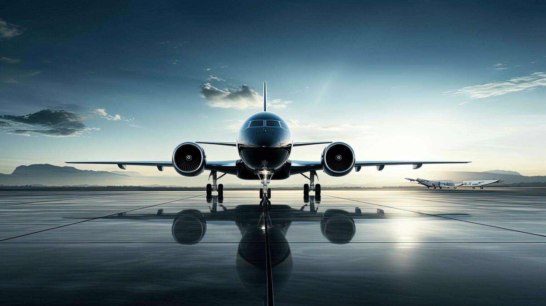 Luxury private jet parked on tarmac with ample space above. silhouette concept photo