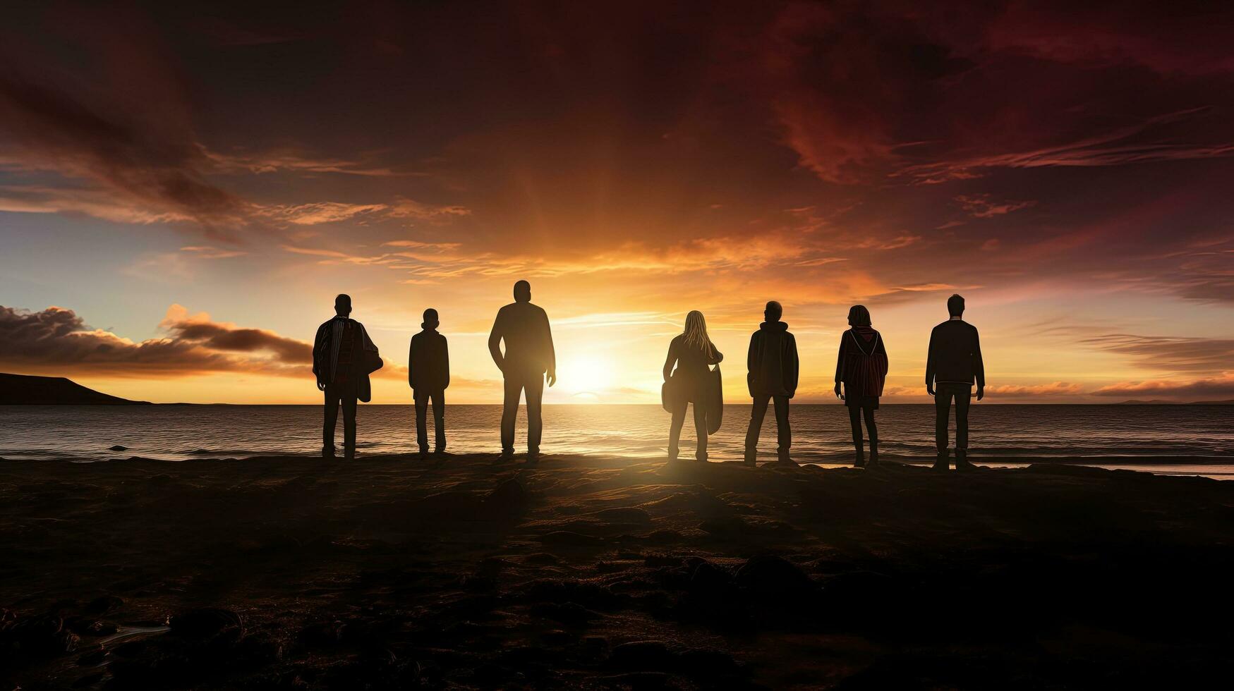 Silhouetted individuals on a beach in County Wicklow during sunset on Ireland s east coast photo