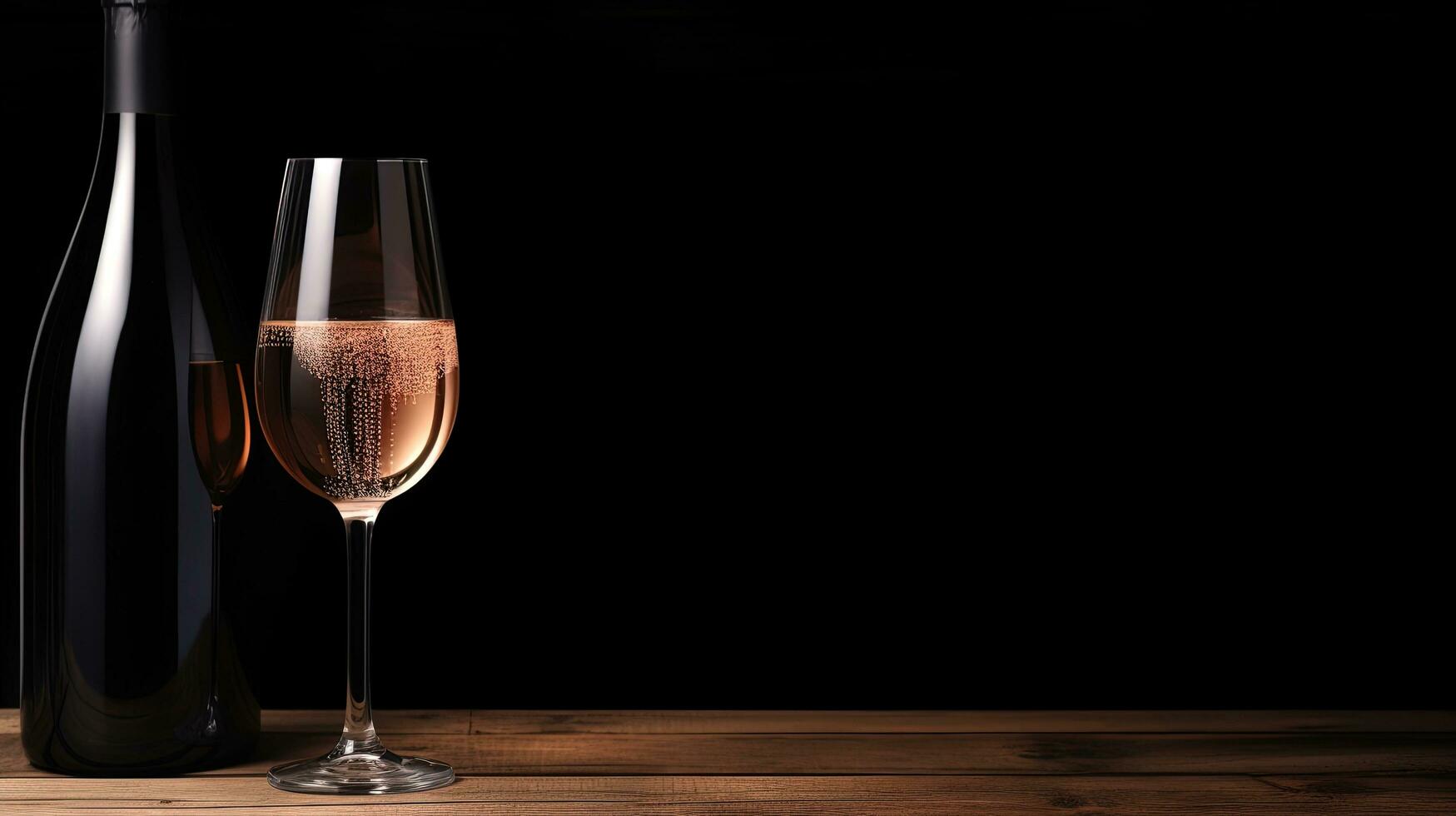 Holiday backgrounds with closed champagne bottle and empty wine glass on wooden surface. silhouette concept photo