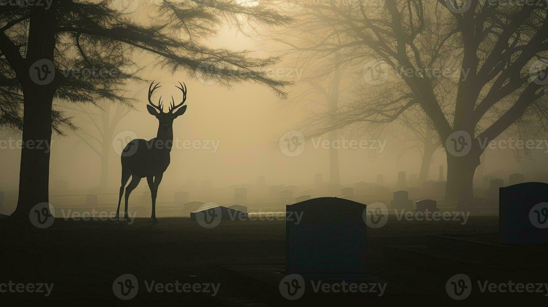 Foggy morning silhouette of a deer in cemetery photo