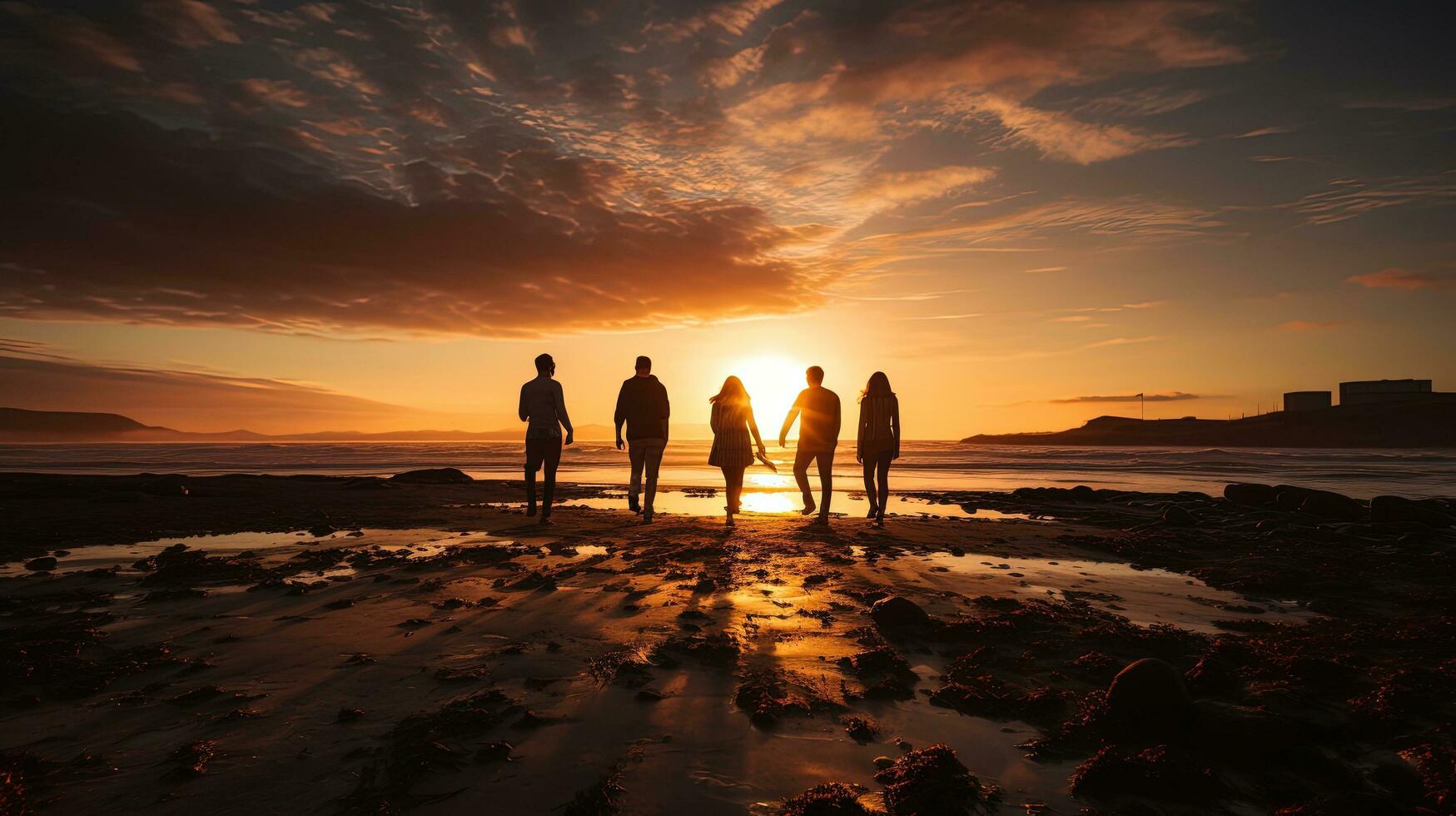 Silhouetted individuals on a beach in County Wicklow during sunset on Ireland s east coast photo