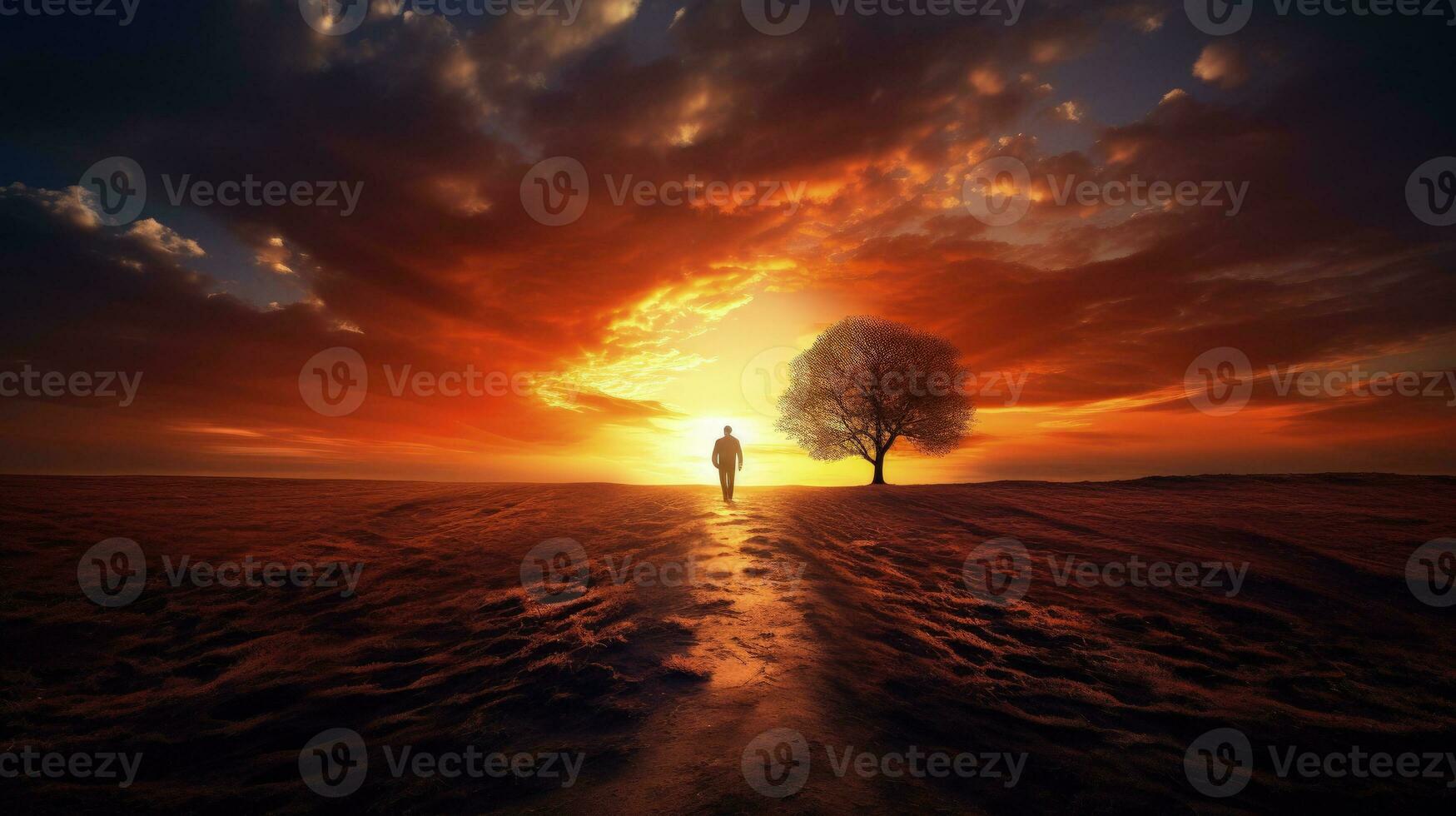 Man standing at the path s end at sunset with a silhouette photo