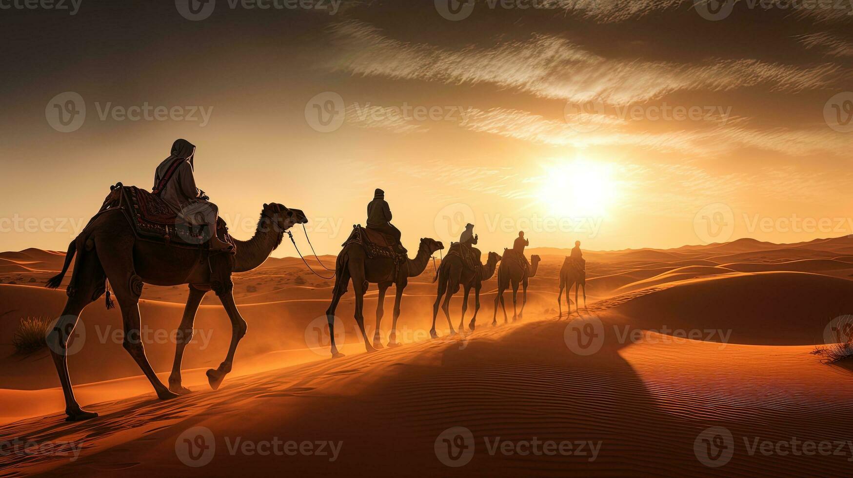 camel tours in Sahara desert guided by a berber with camel shadows. silhouette concept photo