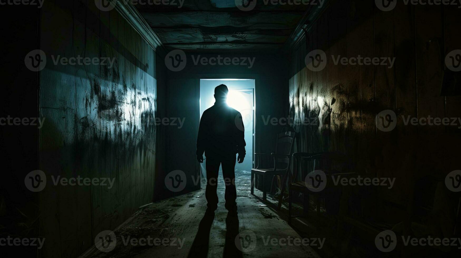 Eerie shadow in deserted building Horror involving deranged figure or dim hallway with cabinets and lights featuring spooky person in various poses. silhouette concept photo