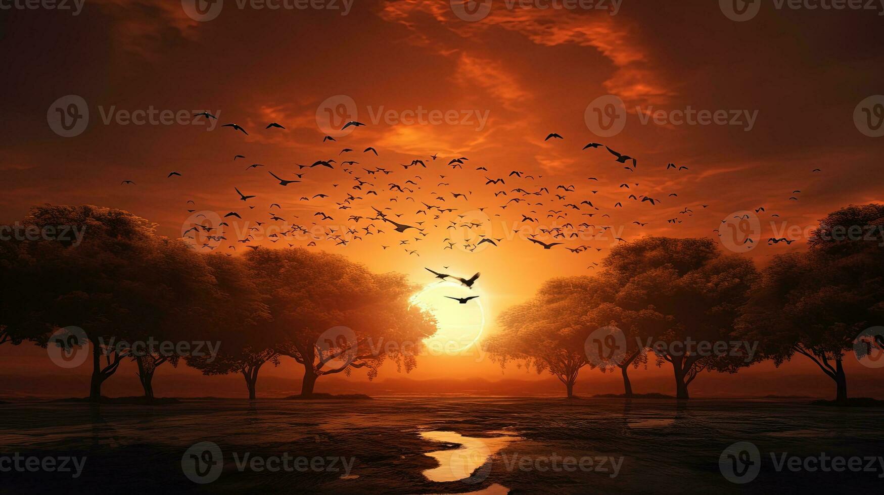 Birds flying by as the white sun highlights pearl clouds and tree silhouettes during an orange sunset photo