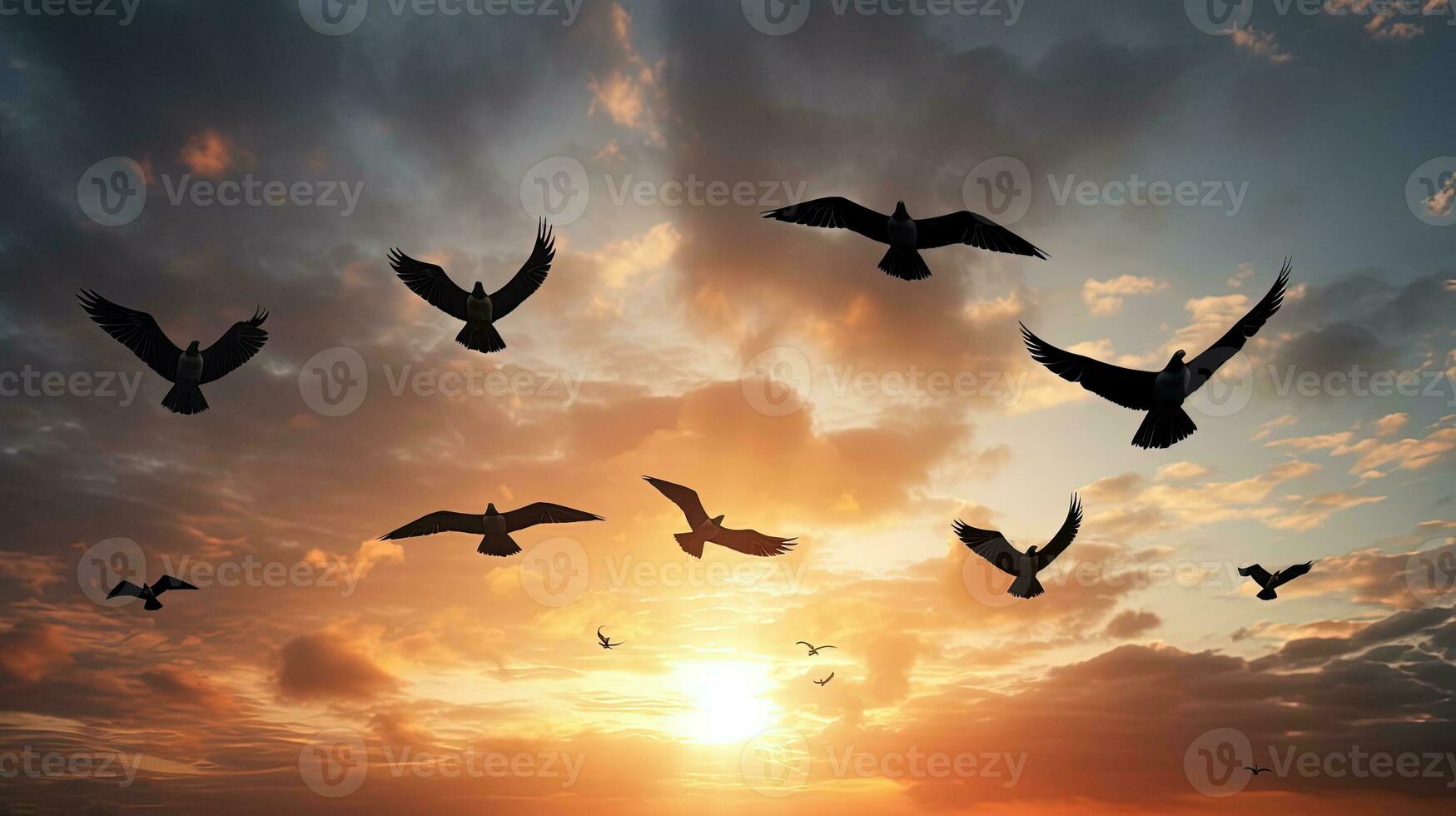 aves en el cielo volador en formación. silueta concepto foto