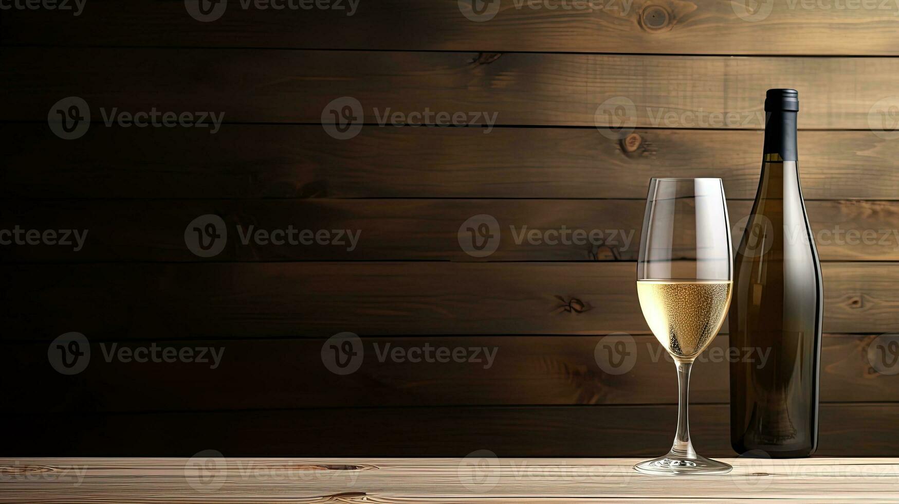 Holiday backgrounds with closed champagne bottle and empty wine glass on wooden surface. silhouette concept photo