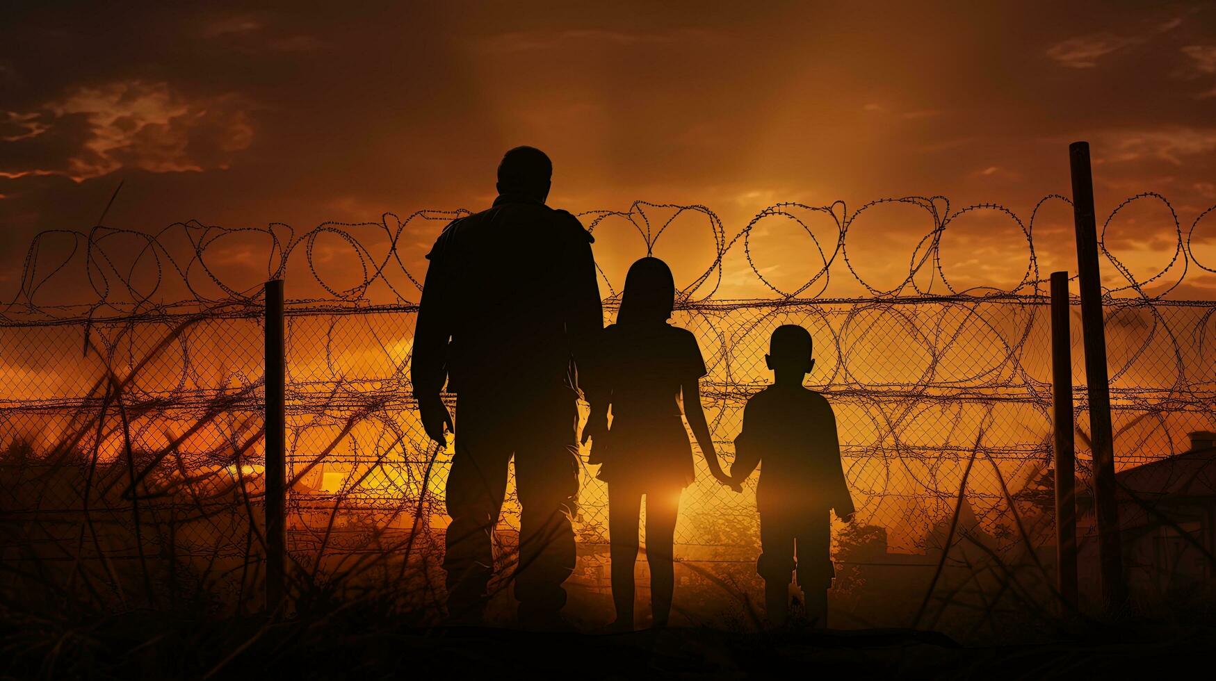 Silhouetted refugees children guards and fence against evening city backdrop photo