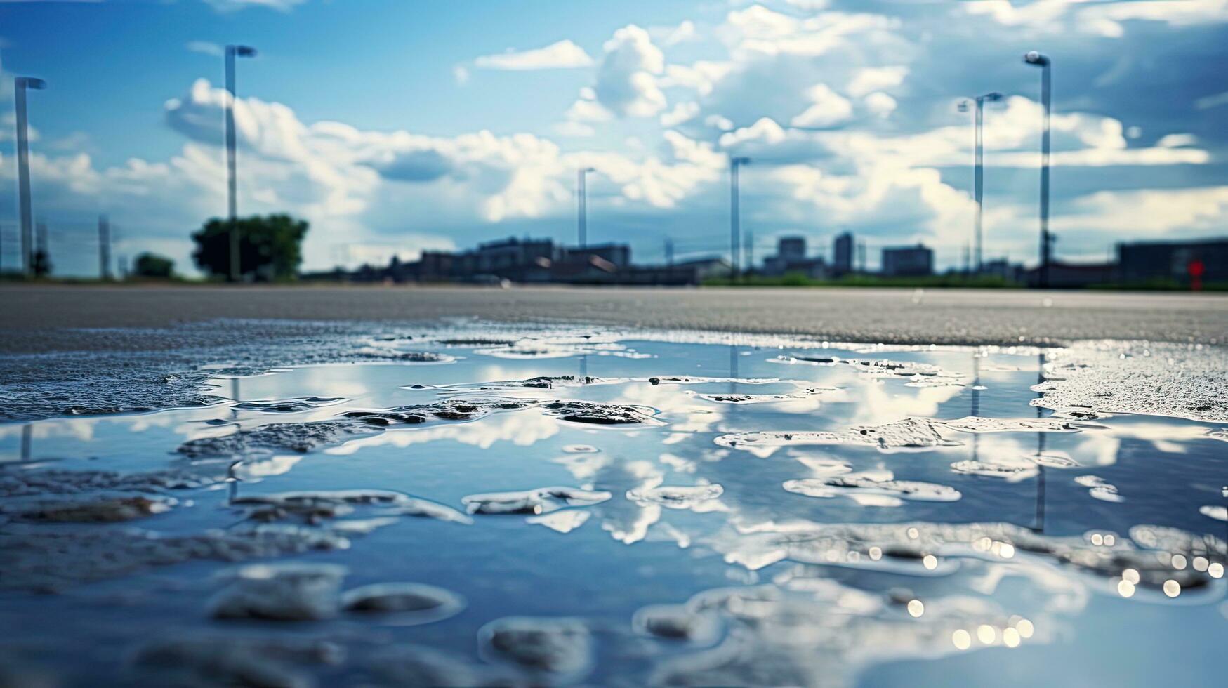 reflexión de azul cielo y blanco nubes en agua charco superficie en gris ciudad la carretera después lluvia. silueta concepto foto