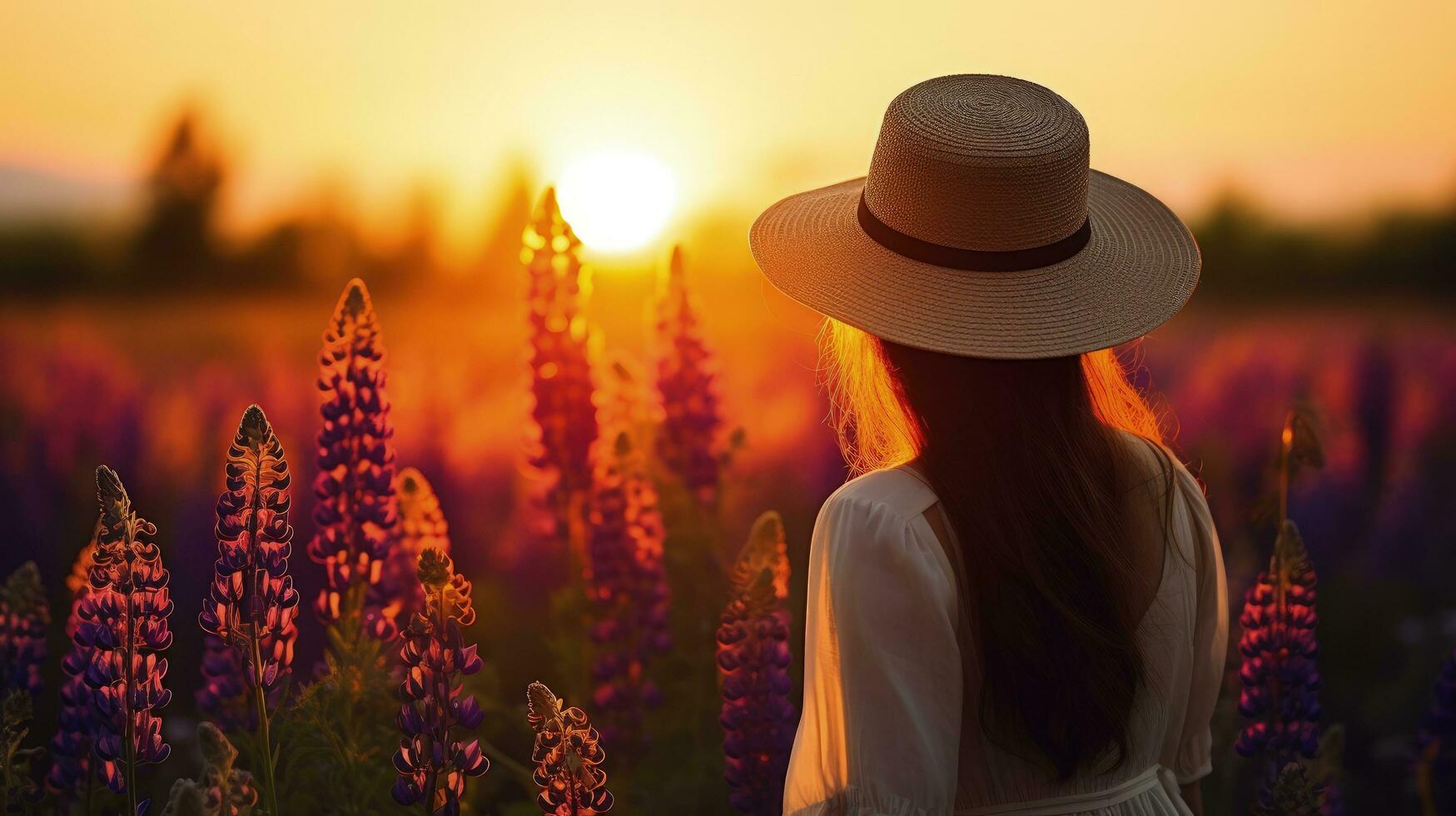 A girl in a light dress and hat walks in a flower field filled with colorful lupines during a sunny summer evening embodying peace and relaxation from everyday tr. silhouette concept photo