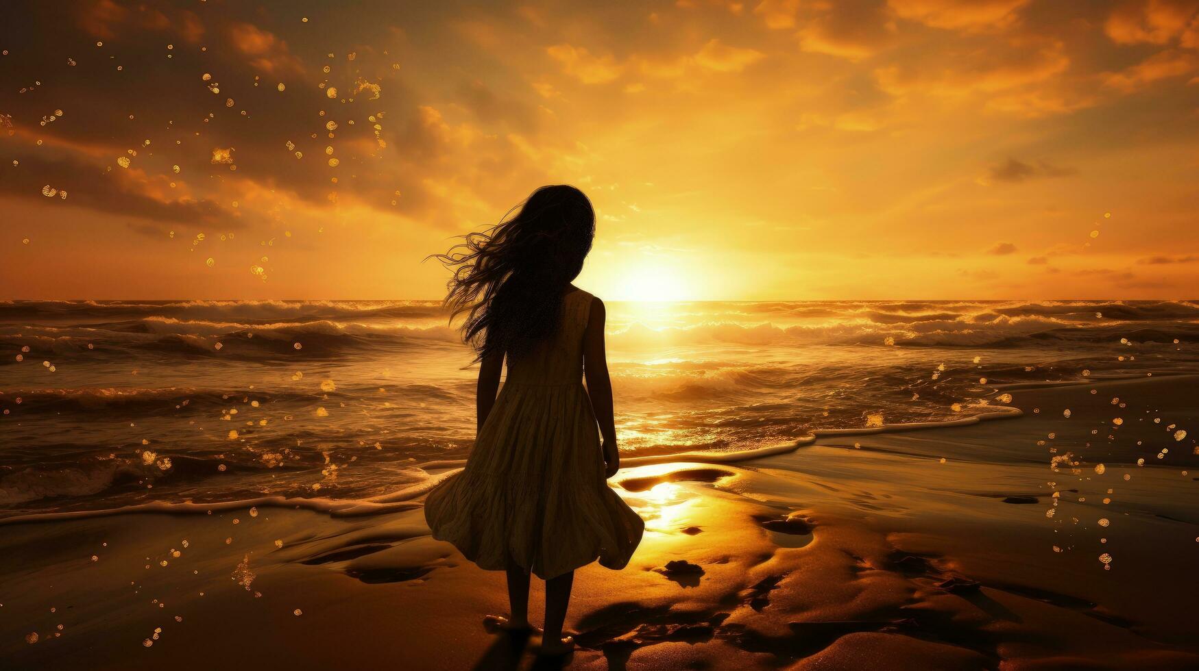 Girl child observing the sunset by the beach. silhouette concept photo