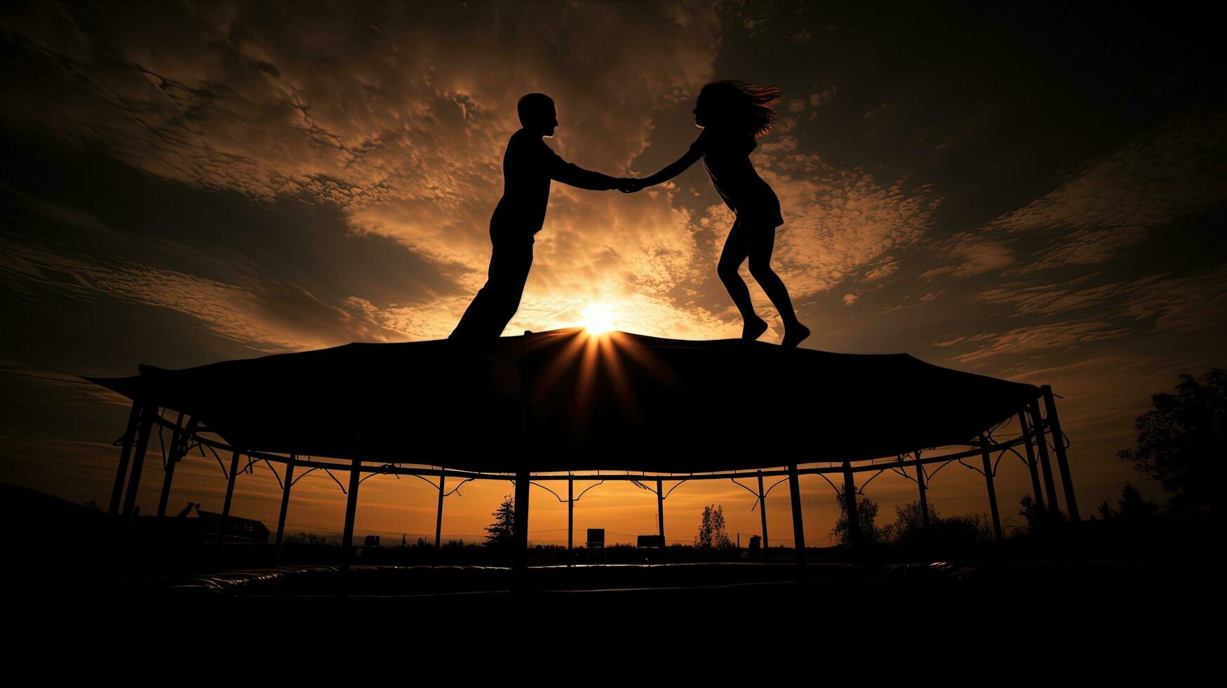 amigos haciendo trucos en un trampolín. silueta concepto foto