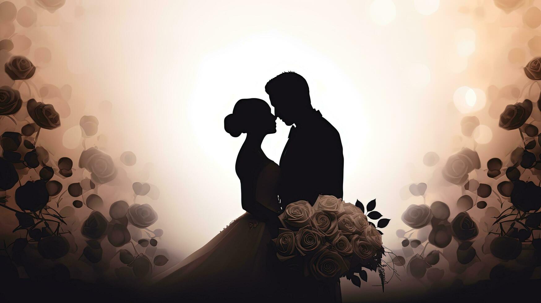 Monochrome colored bouquet of wedding roses takes center stage while the couple remains blurred. silhouette concept photo