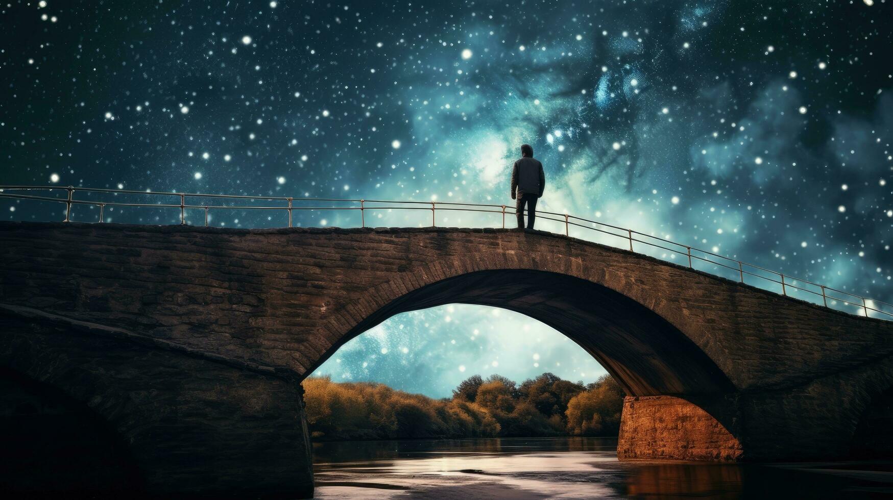 A person s outline on an ancient bridge against a starry sky and Milky Way. silhouette concept photo