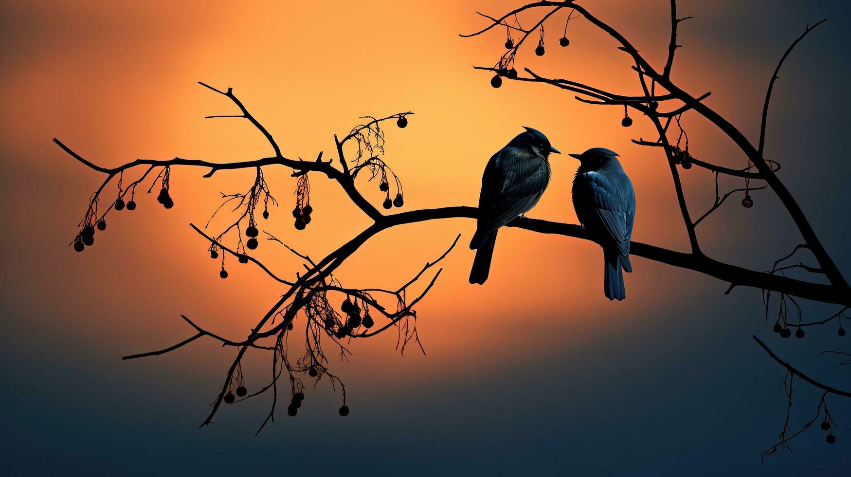 Pair of waxwing birds outlined by the full moon at dusk. silhouette concept photo