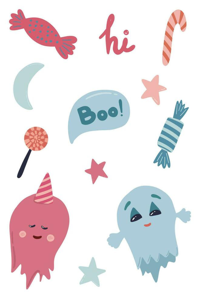 Cute ghosts with candies hand drawn set vector