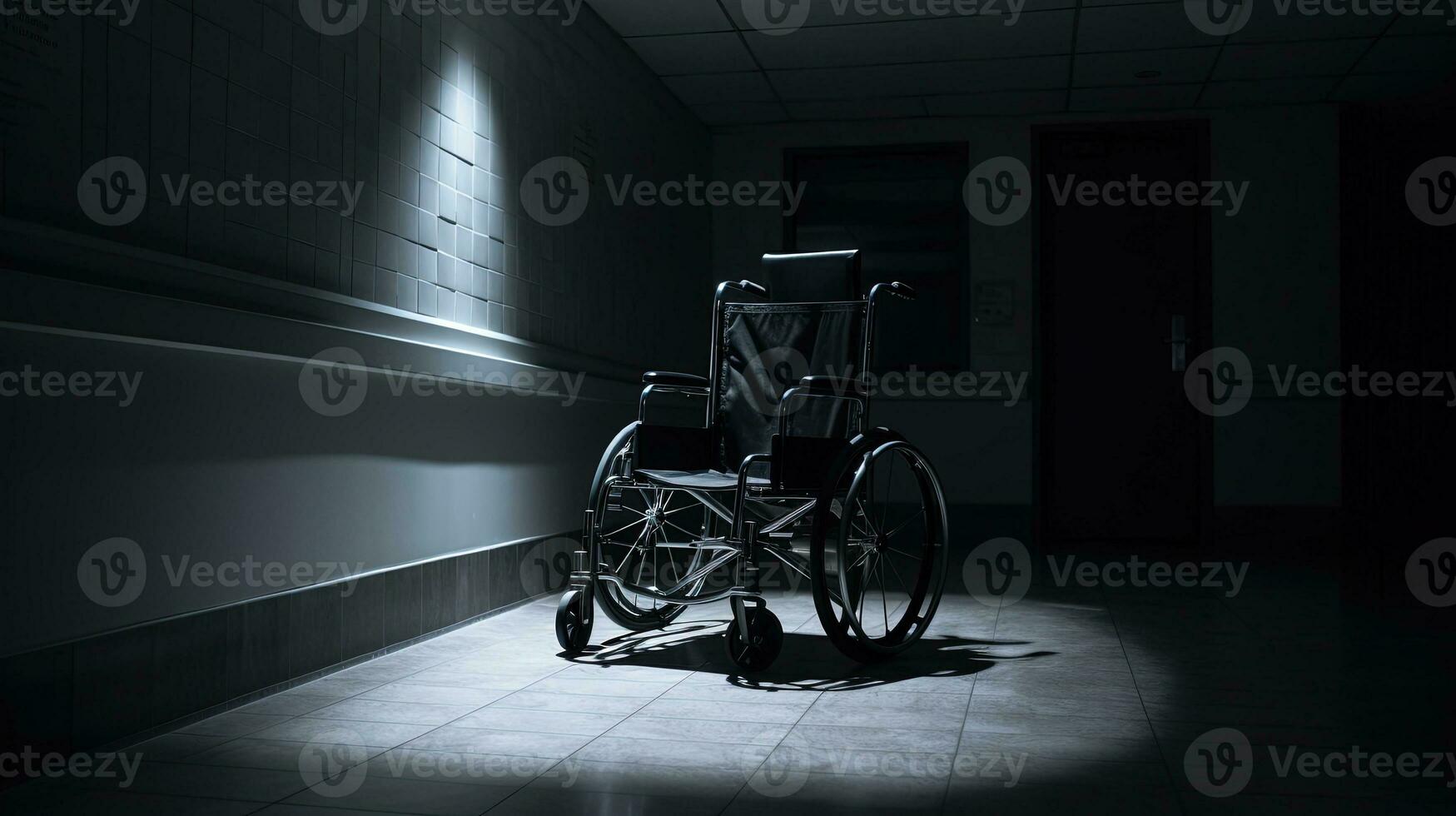 Images of an unoccupied wheelchair in an empty hospital hallway symbolic of illness or isolation. silhouette concept photo